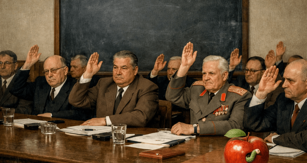 soviet politburo voting yes, a blackboard, and and an apple with a worm
